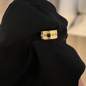 18K Gold Plated Stainless Steel Natural Crystal Stone Ring Black and Diamond